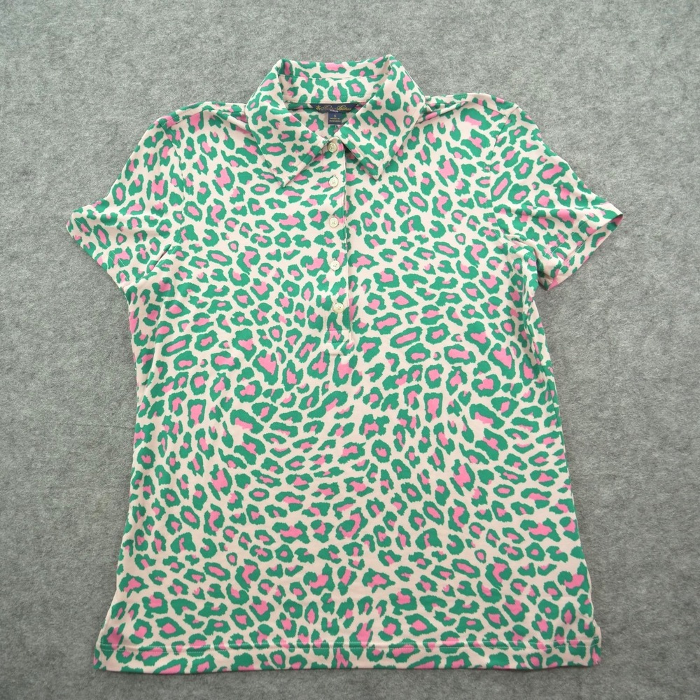Brooks Brothers Polo Shirt Top Womens Small Green Pink Leopard Print New